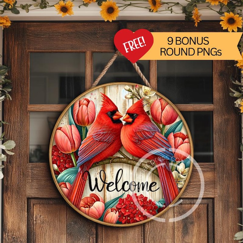 Cardinals Welcome Round PNG • Rustic Floral Door Hanger Design • Red ...