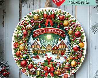 Merry Christmas Village Round PNG – Holiday Door Hanger Sublimation Design - Digital Download