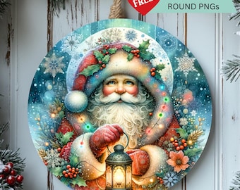 Santa Lantern Round PNG | Christmas Ornament Sublimation Design | Holiday Door Hanger | Seasonal Clipart