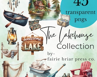 Watercolor Lakehouse Clipart: Rustic Cabin, Canoe, Campfire (45 PNGs + Bonus!)