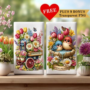 Può includere: Due pannelli decorativi con illustrazioni a tema primaverile. Uno presenta un carretto blu traboccante di fiori, l'altro mostra due uccelli in un bagnetto. I pannelli sono circondati da fiori e farfalle colorate. Il testo recita "FREE" e "PLUS 9 BONUS Transparent PNG".