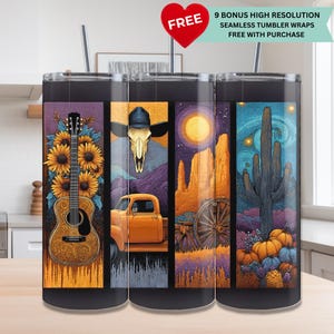 Cowboy Tumbler Wrap PNG: Southwestern Guitar, Skull, Cactus Design (Digital Download)