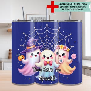 Too Cute to Spook Tumbler Wrap PNG - Nahtlose 20 Unzen Skinny Halloween Sublimation Design, Pastellgeister Digital Download