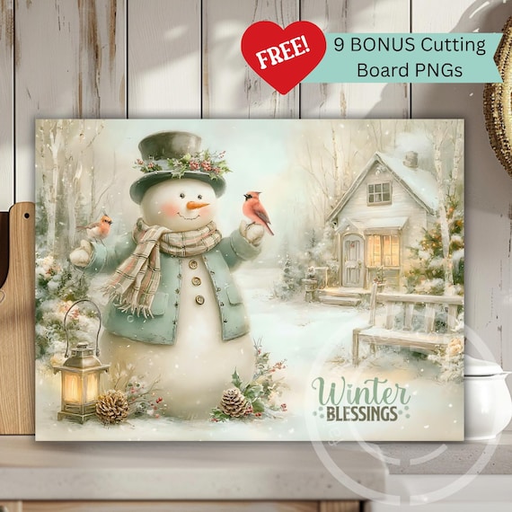 Winter Blessings Snowman PNG – Farmhouse Cutting Board Sublimation Design – Christmas Kitchen Decor – (Digital Download)