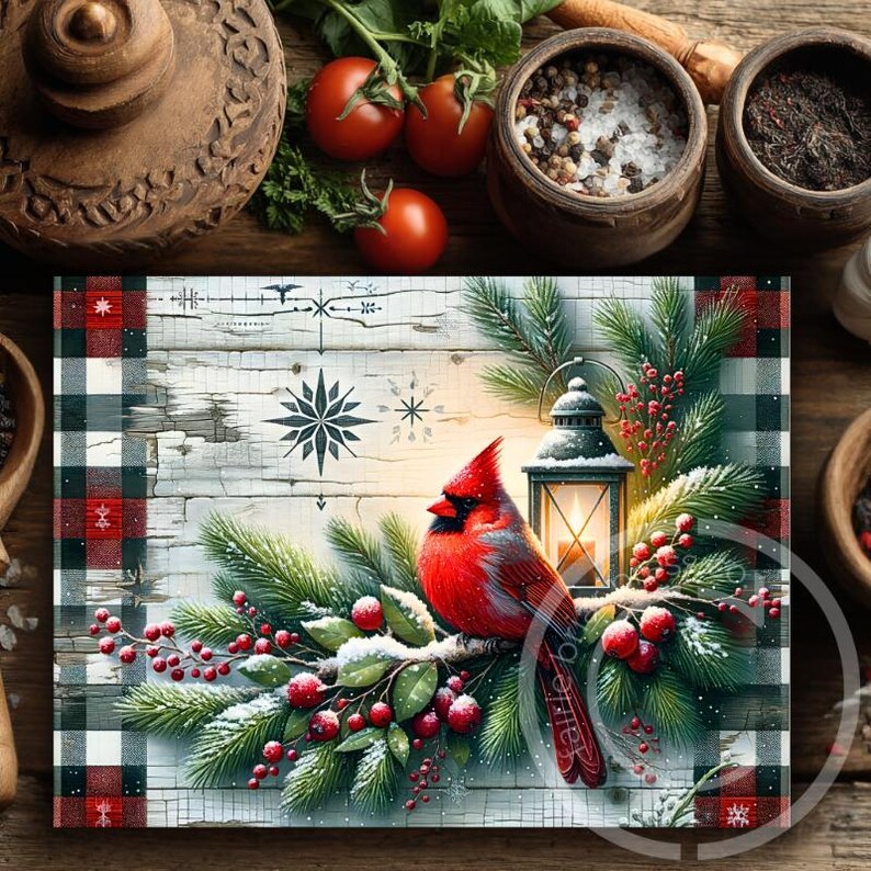 May include: A decorative Christmas-themed placemat featuring a vibrant red cardinal perched on a snow-covered branch with berries and a lantern. The design includes a buffalo plaid border in red, black, and white, with snowflake accents. The background has a rustic, weathered wood appearance.