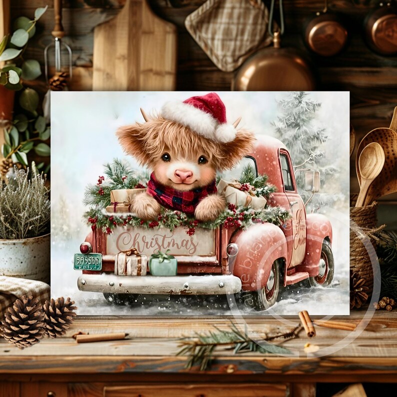 Vintage Truck Cutting Board PNG | Highland Cow Christmas Sublimation ...