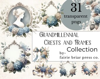 Watercolor Floral Frames Clipart: Grandmillennial Wreaths, Crests (Digital Download PNGs