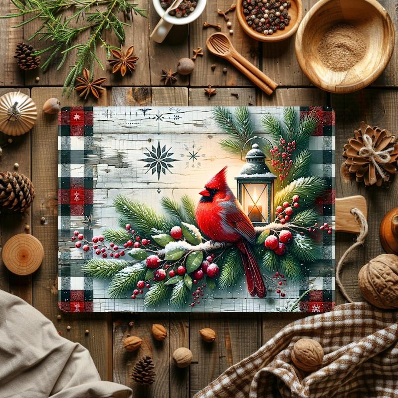 May include: A decorative cutting board with a winter theme. It features a red cardinal perched on a snow-covered branch with berries and evergreen boughs. A lantern and a black and red plaid border complete the design.