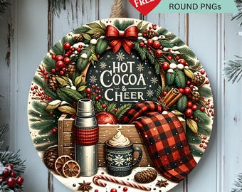 Cocoa & Cheer Holiday Printable Christmas Ornament - Door Hanger Round PNG - Digital Download
