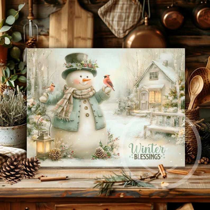 May include: A winter-themed canvas print featuring a snowman wearing a top hat, scarf, and coat, holding two red birds. A small house is in the background, with the words "Winter Blessings" on the bottom right. The scene is set in a snowy forest.