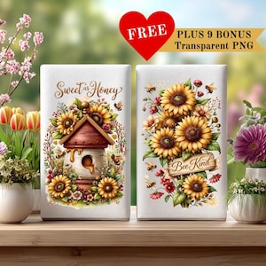 May include: Two white rectangular objects with floral designs. One features a wooden birdhouse surrounded by sunflowers and the text "Sweet as Honey." The other displays sunflowers and the text "Bee Kind." A red heart with "FREE" is in the background.