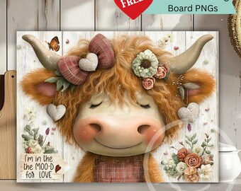 Highland Cow Cutting Board PNG, Floral Farmhouse Kitchen Decor, Rustic Cow Print, 16x12 Cutting Board Design, Country Kitchen Sublimation