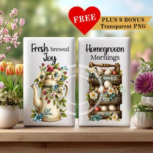 フレッシュブリュードジョイティータオルPNG 2枚セット – ファームハウスキッチン昇華プリント – 素朴な朝の装飾 – コテージコア風卵パックとコーヒーポット