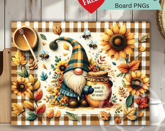 May include: A decorative cutting board featuring a gnome with a long white beard, wearing a plaid hat and jacket, holding a honey jar. The board is decorated with sunflowers, leaves, and bees. The text "HOME IS WHERE MY HONEY IS" is on the jar.