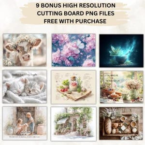 May include: A collection of nine high-resolution cutting board PNG files, each featuring a different watercolor design. The designs include a calf with a flower crown, kittens, flowers, and food arrangements. Text reads: "9 BONUS HIGH RESOLUTION CUTTING BOARD PNG FILES FREE WITH PURCHASE."
