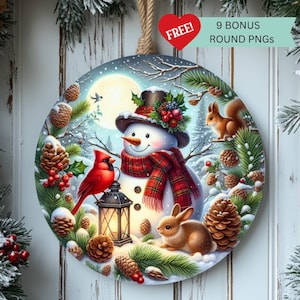 May include: Round Christmas ornament featuring a snowman with a black top hat and red plaid scarf. A red cardinal sits on a lantern. A squirrel, rabbit, and pinecones are also featured. The text "FREE!" and "9 BONUS ROUND PNGS" are included.
