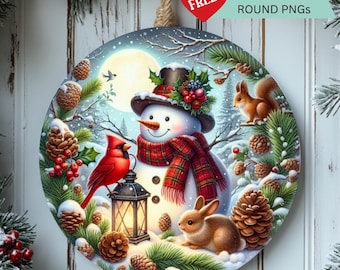 Snowman Lantern  PNG – Christmas Round Sublimation Design – Woodland Winter Animals –  Door Hanger – Digital Download