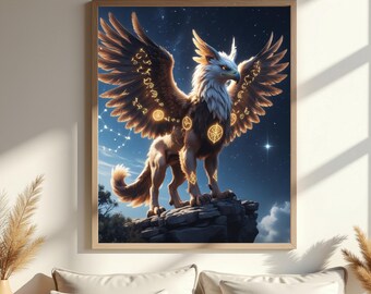 Rune Griffin Wall Art – Mystical Celestial Guardian Print (Digital Download)