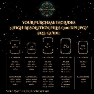 May include: A size guide for digital printable art prints. The guide shows five different aspect ratios and their corresponding measurements in inches and centimeters. The ratios are 4:5, 3:4, 2:3, ISO (A1-A4), and 11:14. The text "Need another size? Contact me!" is at the bottom of the image.