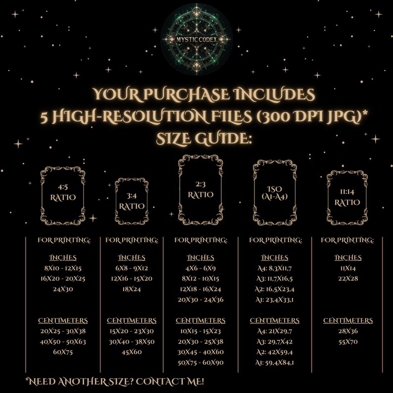 May include: A size guide for digital printable art prints. The guide shows five different aspect ratios and their corresponding measurements in inches and centimeters. The ratios are 4:5, 3:4, 2:3, ISO (A1-A4), and 11:14. The text "Need another size? Contact me!" is at the bottom of the image.