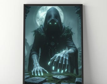 Lunar Archivist Art Print: Hooded Mystic with Runes (Digital Download)