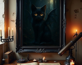 Mystical Black Cat Art Print: Gothic Familiar, Halloween Decor (Digital Download