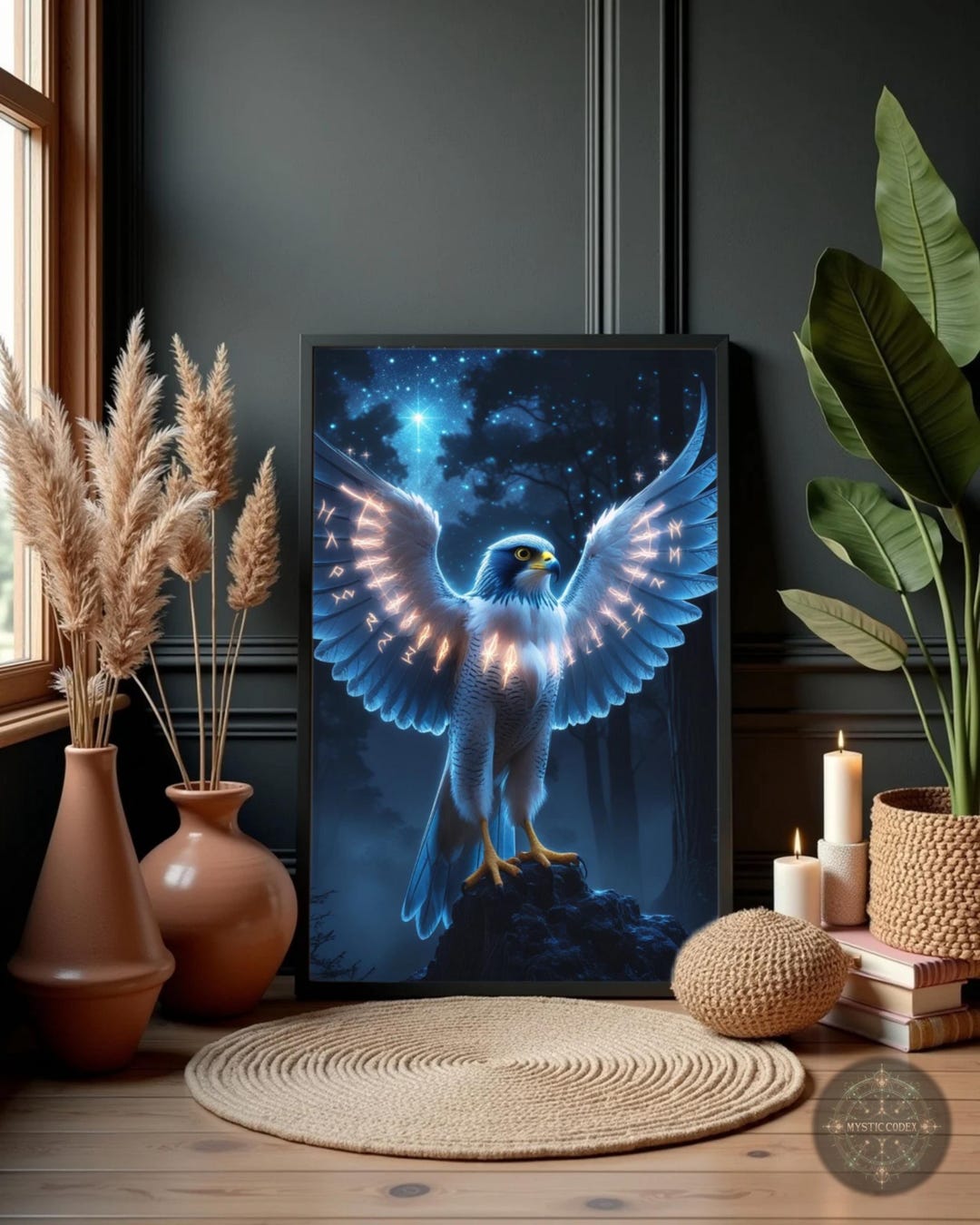 Mystical Falcon Rune Art Print – Celestial Witchy Decor (digital ...