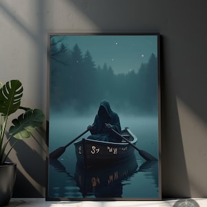 May include: Framed art print depicting a hooded figure in a boat on a misty lake. The artwork features a dark color palette with a forest backdrop and faint stars. The boat has text on the side. The overall theme is mysterious and atmospheric.