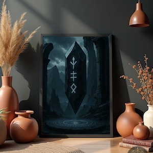 May include: A framed print of a dark fantasy illustration featuring a large, black, crystal-like object with white runes. The object is suspended in the air above a circular platform. The background is a dark, misty landscape with mountains and ruins.