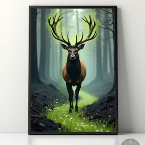 Mystic Forest Elk Print: Fantasy Deer with Glowing Antlers (Digital Download)