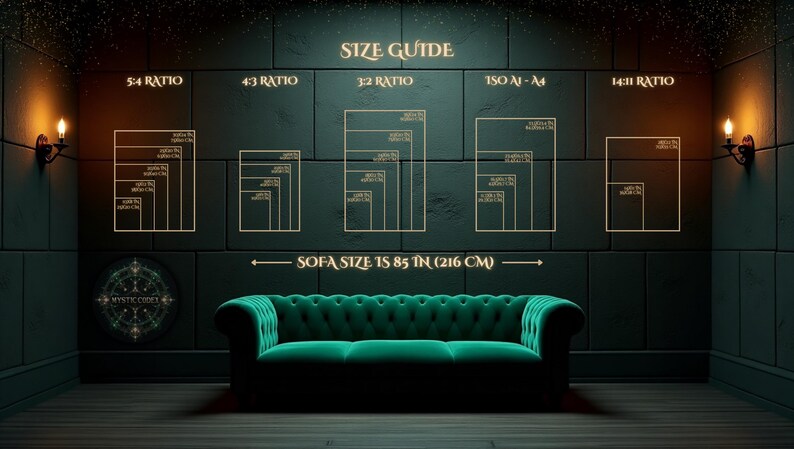 May include: A size guide for art prints with different aspect ratios, including 5:4, 4:3, 3:2, ISO A1-A4, and 14:31. The guide shows the dimensions of each ratio in inches. The text "SOFA SIZE IS 85 IN (216 CM)" is displayed below the guide.