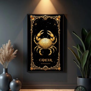 Cancer Zodiac Print: Mystical Black and Gold Crab Celestial Poster (Digital Download