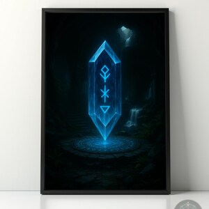 May include: A blue crystal with a glowing rune symbol inside, standing on a stone platform in a dark forest setting.