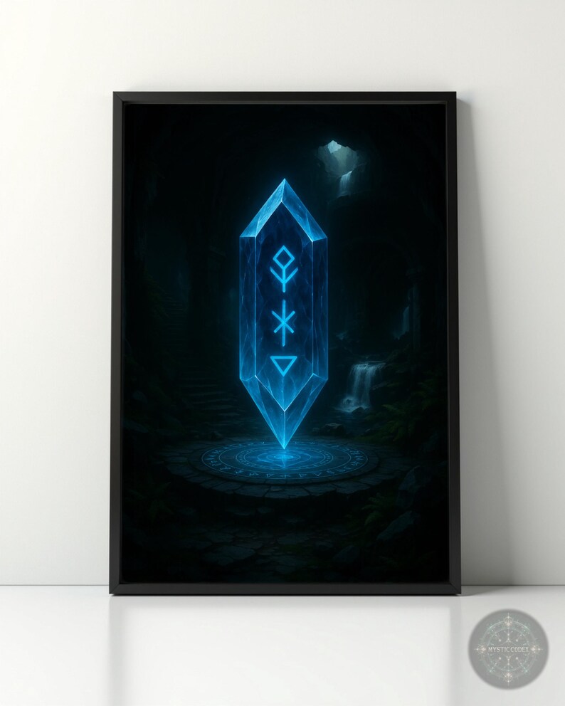 May include: A blue crystal with a glowing rune symbol inside, standing on a stone platform in a dark forest setting.