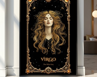 Virgo Zodiac Print: Mystical Black and Gold Astrology Poster (Digital Download)