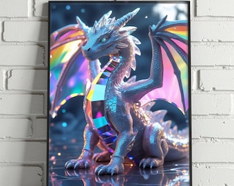 Iridescent Crystal Dragon Print: Shardborn Fantasy Wall Art (Digital Download)