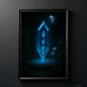 May include: A blue crystal with a glowing rune symbol inside, set against a dark background with a waterfall in the distance.