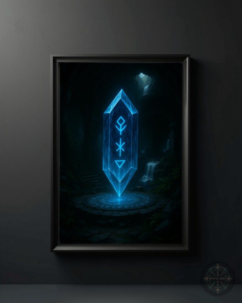 May include: A blue crystal with a glowing rune symbol inside, set against a dark background with a waterfall in the distance.