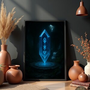 May include: A blue crystal with a glowing rune symbol inside, set against a dark forest background. The crystal is on a circular platform with a glowing circle around it. The image is framed in black.