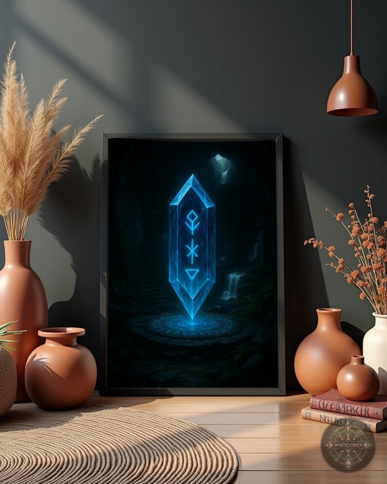 May include: A blue crystal with a glowing rune symbol inside, set against a dark forest background. The crystal is on a circular platform with a glowing circle around it. The image is framed in black.