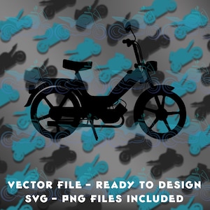 以下が含まれることがあります： グレーの背景に、青い原付の繰り返しパターンを持つ、ヴィンテージ原付の黒いシルエット。画像にはテキストが含まれています：VECTOR FILE - READY TO DESIGN、SVG - PNG FILES INCLUDED.