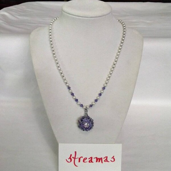 Pearl Necklace with Hand-Woven Swarovski Crystal Pendant