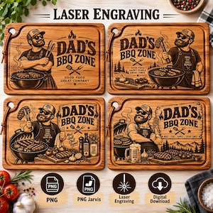 May include: Four rectangular wooden chopping boards featuring laser-engraved illustrations of a bearded person grilling. Each board displays the text DAD'S BBQ ZONE with various barbecue-themed graphics, including grills, food, and utensils.