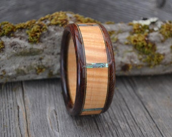 Wood/ Wooden Cuff Bracelet: Curly maple, Cocobolo, Abalone