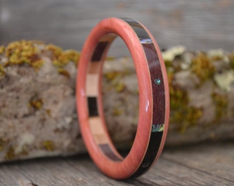 Wood/ Wooden Cuff Bracelet: Pink Ivory, Ebony, Purpleheart, Abalone