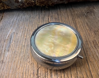 Pill box/ Make up container/ Keepsake container: Gold mother of Pearl, 3 compartments