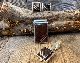 3-Piece Wooden Dresswear Accessory Combo Set: Tie Clip, Cufflinks and Money Clip ,Gallery grade AAAAA Wenge.