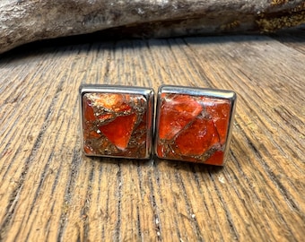 French Cufflinks: AAAAA Gallery grade Red Carnelian Copper Mohave,Square,14/17 mm