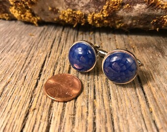 French Cufflink: Natural Royal Blue Dragon Vein Agate, 16 mm, round