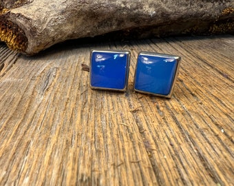 French Cufflinks:AAAAA Gallery grade Blue Jade , 14/17 mm,square